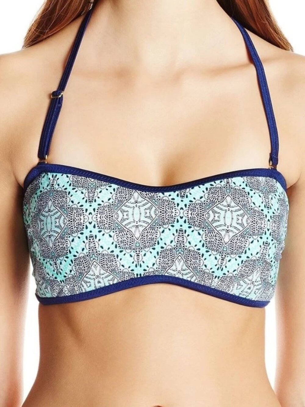 Jessica Simpson Womens Desert Diamond Braid Back Bandeau Bikini Top, Blue, Large